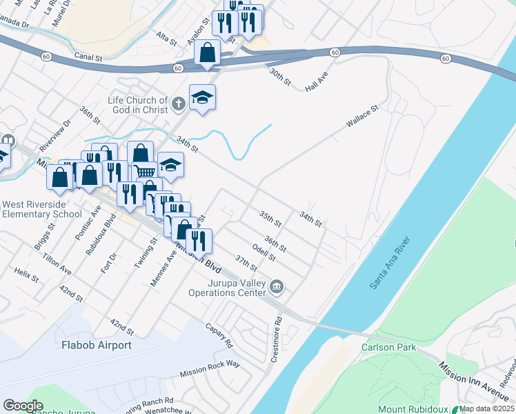 map of restaurants, bars, coffee shops, grocery stores, and more near 5379 35th Street in Riverside