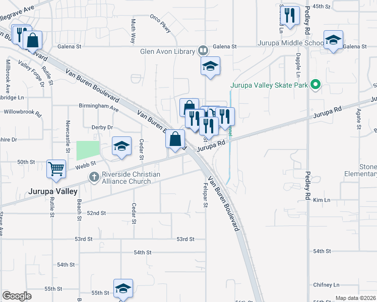 map of restaurants, bars, coffee shops, grocery stores, and more near 9200 Van Buren Boulevard in Riverside