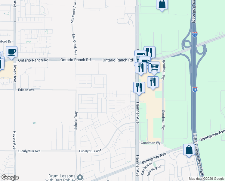 map of restaurants, bars, coffee shops, grocery stores, and more near 11051 Edison Avenue in Ontario