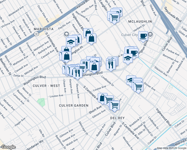 map of restaurants, bars, coffee shops, grocery stores, and more near 12120 1/2 West Washington Boulevard in Los Angeles