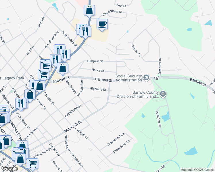 map of restaurants, bars, coffee shops, grocery stores, and more near 309 East Broad Street in Winder