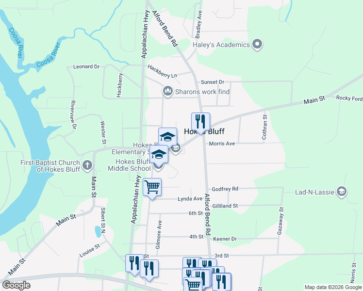 map of restaurants, bars, coffee shops, grocery stores, and more near 5448 Main Street in Hokes Bluff