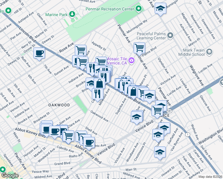 map of restaurants, bars, coffee shops, grocery stores, and more near 1501 Lincoln Boulevard in Los Angeles