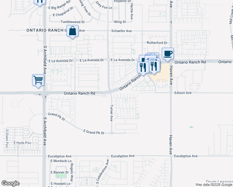 map of restaurants, bars, coffee shops, grocery stores, and more near 3141 East Mount Rainier Drive in Ontario