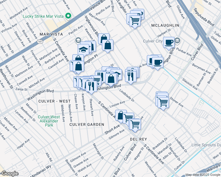 map of restaurants, bars, coffee shops, grocery stores, and more near in Culver City