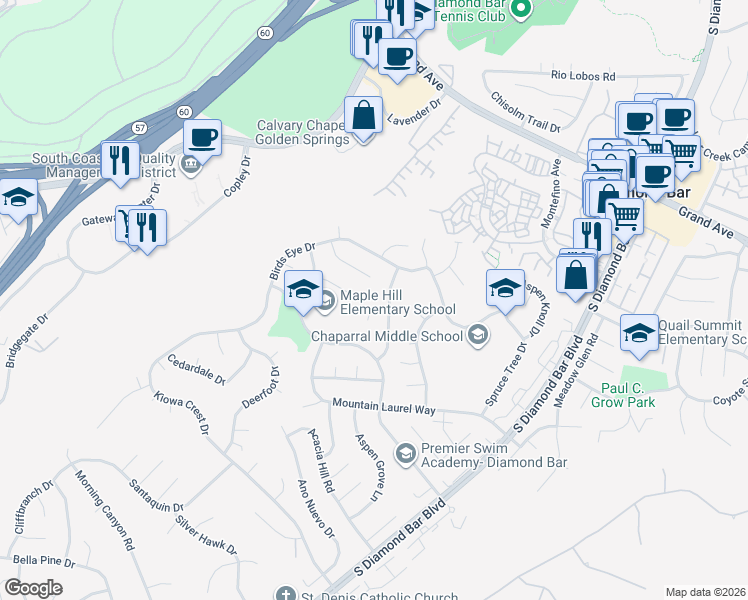 map of restaurants, bars, coffee shops, grocery stores, and more near 22547 Eddridge Drive in Diamond Bar