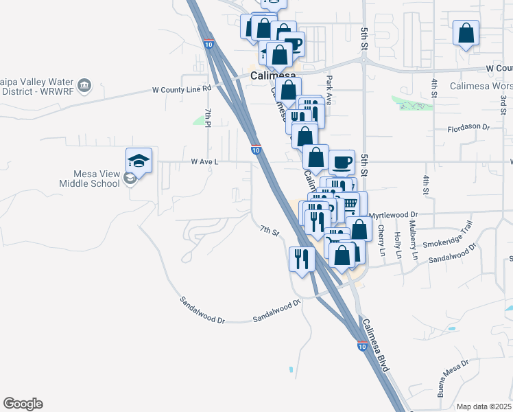 map of restaurants, bars, coffee shops, grocery stores, and more near 1115 7th Street in Calimesa