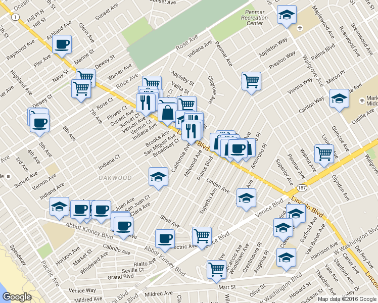map of restaurants, bars, coffee shops, grocery stores, and more near California Avenue in Los Angeles