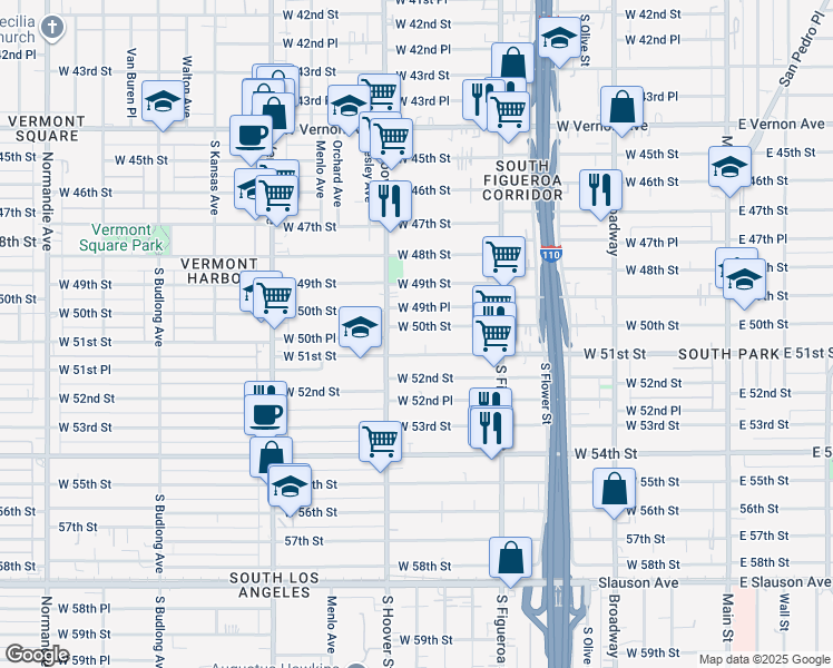 map of restaurants, bars, coffee shops, grocery stores, and more near 708 West 50th Street in Los Angeles