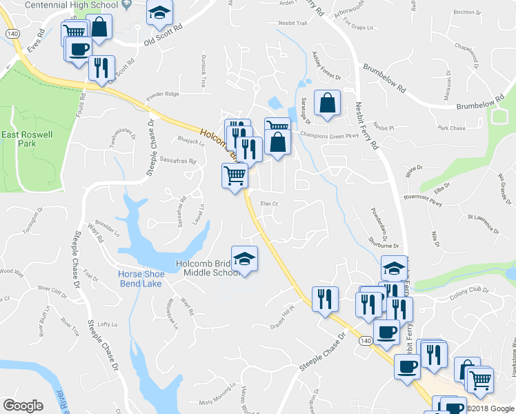 map of restaurants, bars, coffee shops, grocery stores, and more near 71 Townview Drive in Alpharetta