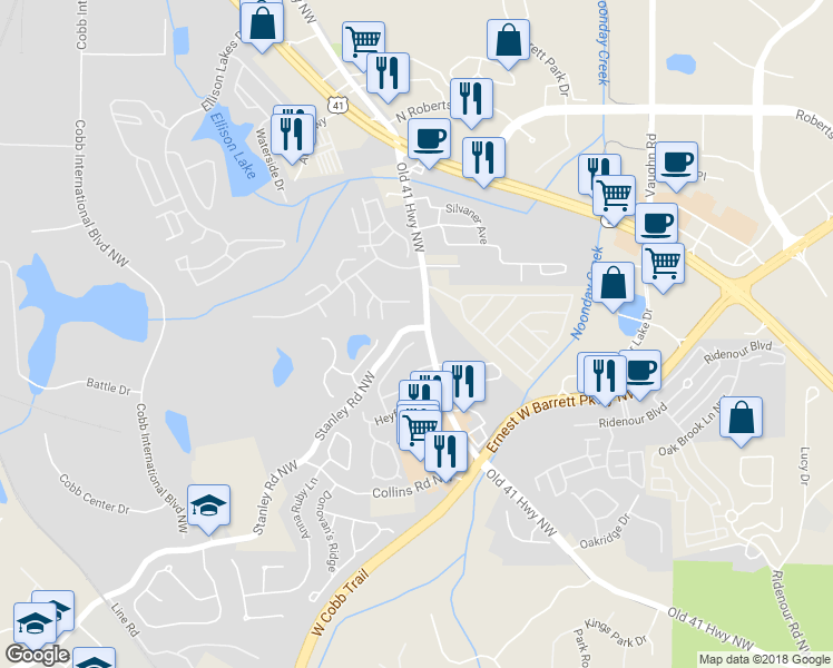 map of restaurants, bars, coffee shops, grocery stores, and more near 1749 Taynton Circle in Kennesaw