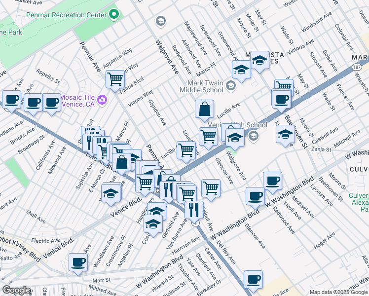map of restaurants, bars, coffee shops, grocery stores, and more near 2306 Glyndon Avenue in Los Angeles