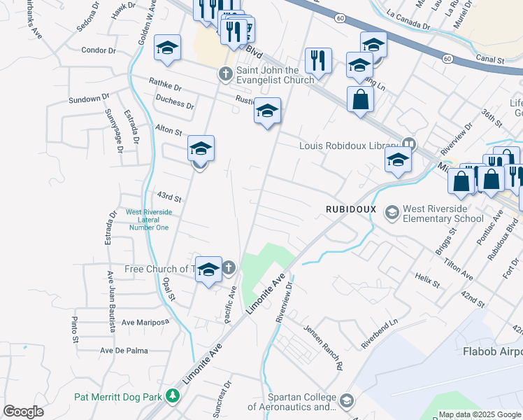 map of restaurants, bars, coffee shops, grocery stores, and more near 6088 Vista De Oro in Riverside