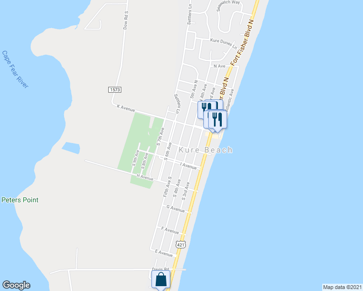 map of restaurants, bars, coffee shops, grocery stores, and more near 400 Avenue J in Kure Beach