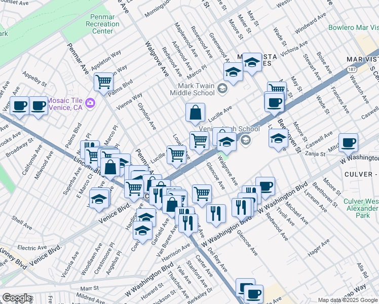 map of restaurants, bars, coffee shops, grocery stores, and more near 2324 Louella Avenue in Los Angeles