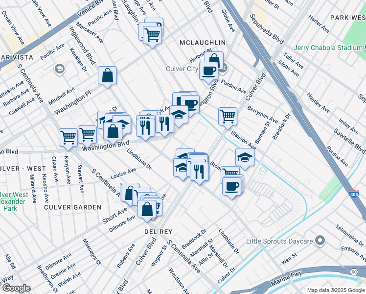 map of restaurants, bars, coffee shops, grocery stores, and more near 11900 Courtleigh Drive in Los Angeles