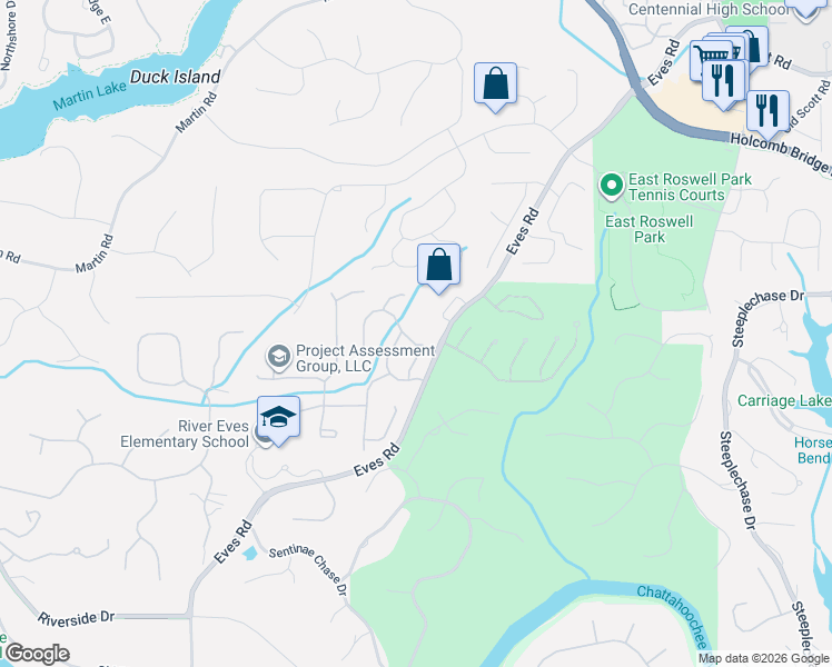 map of restaurants, bars, coffee shops, grocery stores, and more near 8975 Club River Drive in Roswell