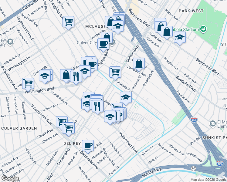 map of restaurants, bars, coffee shops, grocery stores, and more near 11801 Wagner Street in Culver City