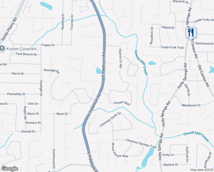 map of restaurants, bars, coffee shops, grocery stores, and more near 1904 East Piedmont Road in Marietta