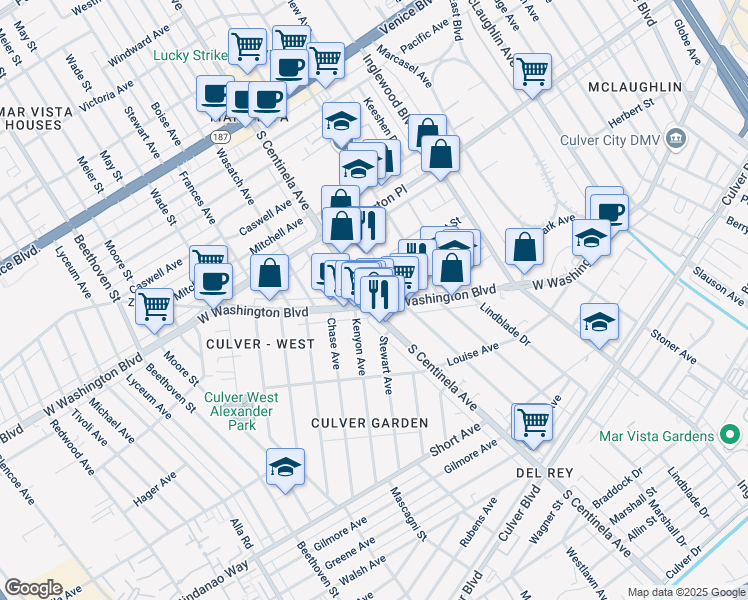 map of restaurants, bars, coffee shops, grocery stores, and more near 12404 Washington Boulevard in Los Angeles
