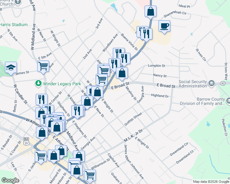map of restaurants, bars, coffee shops, grocery stores, and more near 193 East Broad Street in Winder