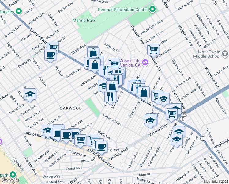 map of restaurants, bars, coffee shops, grocery stores, and more near 1411 Lincoln Boulevard in Los Angeles