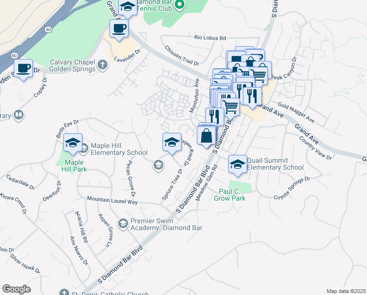 map of restaurants, bars, coffee shops, grocery stores, and more near 1303 Holly Leaf Way in Diamond Bar