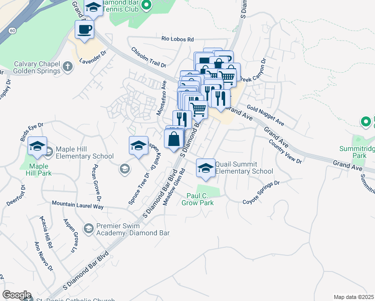 map of restaurants, bars, coffee shops, grocery stores, and more near 1360 South Diamond Bar Boulevard in Diamond Bar