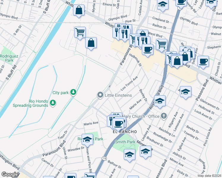 map of restaurants, bars, coffee shops, grocery stores, and more near 8607 Dunlap Crossing Road in Pico Rivera