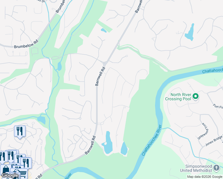 map of restaurants, bars, coffee shops, grocery stores, and more near 8860 Glen Ferry Drive in Alpharetta