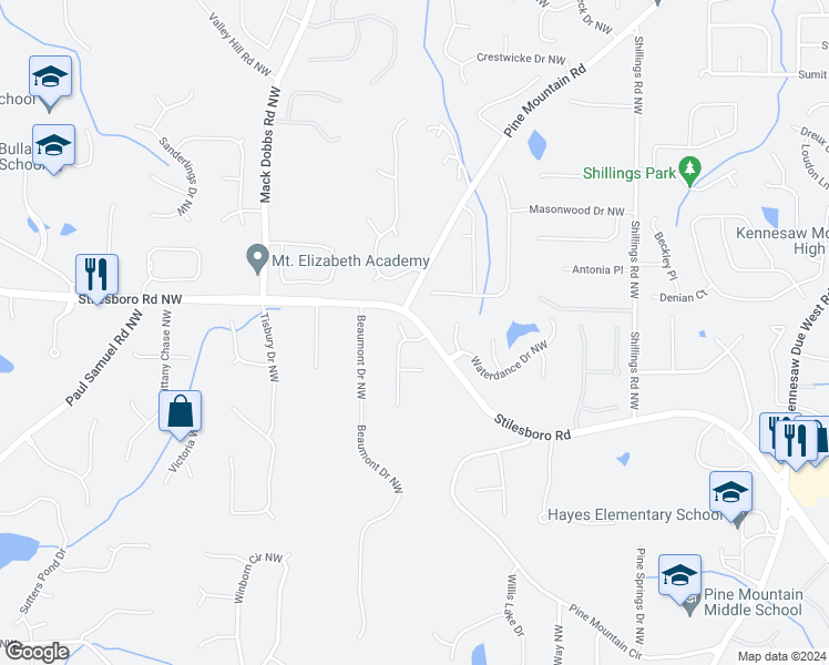 map of restaurants, bars, coffee shops, grocery stores, and more near 1709 Archer Estates Drive in Kennesaw