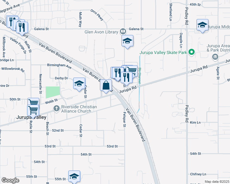 map of restaurants, bars, coffee shops, grocery stores, and more near 5336 Cormorant Court in Jurupa Valley