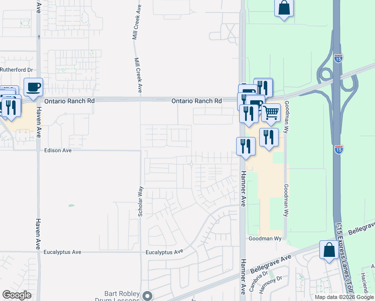 map of restaurants, bars, coffee shops, grocery stores, and more near 11051 Edison Avenue in Ontario