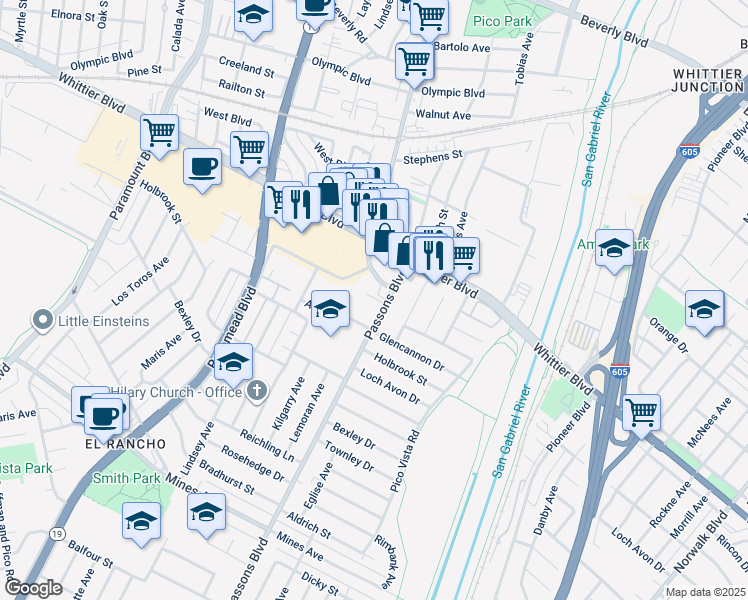 map of restaurants, bars, coffee shops, grocery stores, and more near 5044 Durfee Avenue in Pico Rivera