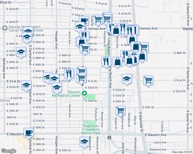 map of restaurants, bars, coffee shops, grocery stores, and more near 1616 East 50th Street in Los Angeles