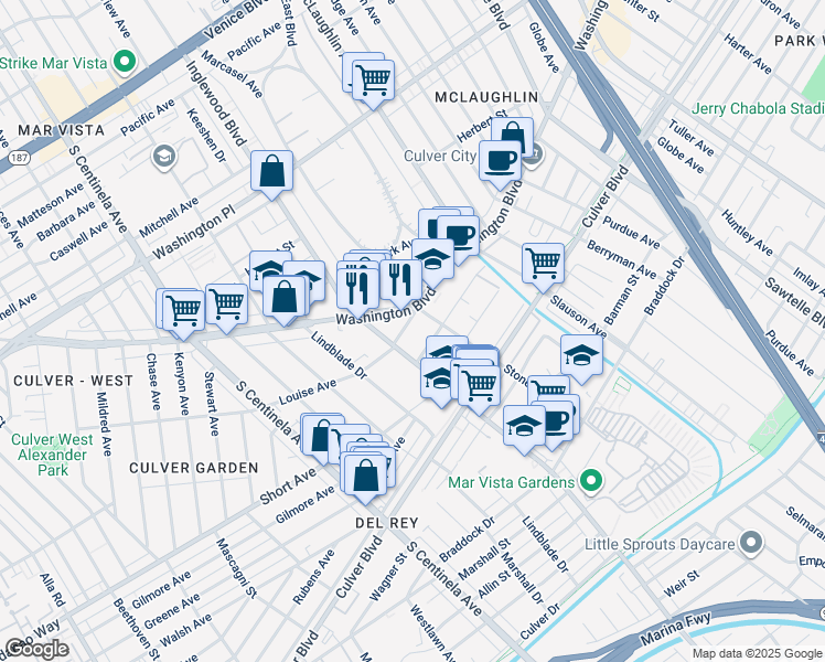 map of restaurants, bars, coffee shops, grocery stores, and more near 11928 Washington Boulevard in Los Angeles