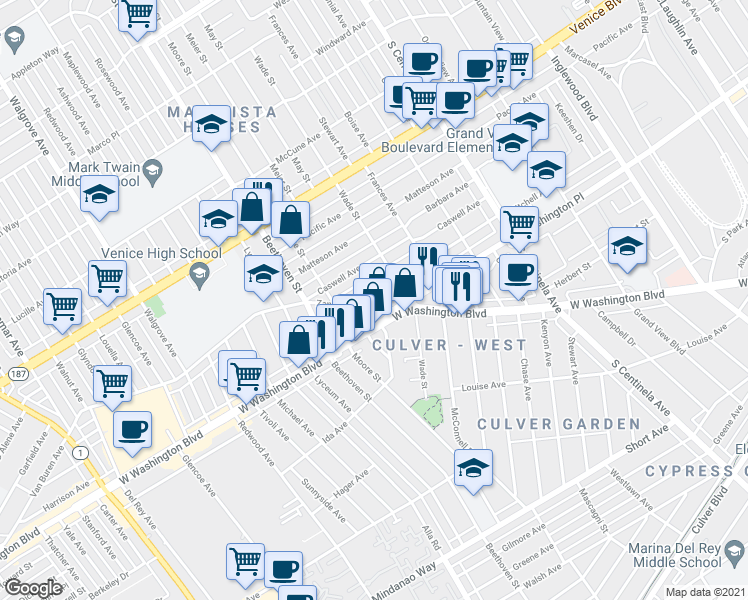 map of restaurants, bars, coffee shops, grocery stores, and more near 12751 Mitchell Avenue in Los Angeles