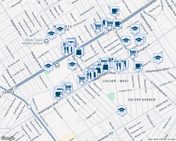map of restaurants, bars, coffee shops, grocery stores, and more near 3939 Moore Street in Los Angeles