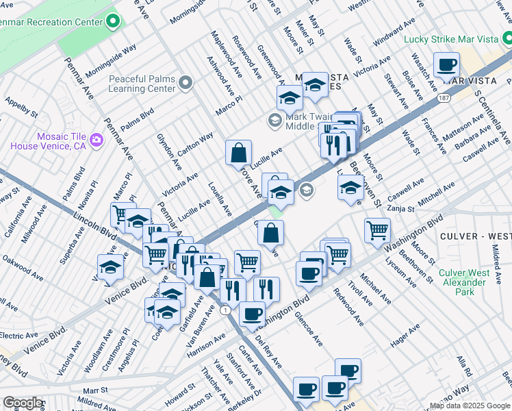 map of restaurants, bars, coffee shops, grocery stores, and more near 2336 Glencoe Avenue in Los Angeles