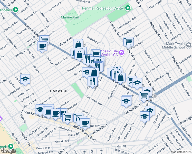 map of restaurants, bars, coffee shops, grocery stores, and more near 1411 Lincoln Boulevard in Los Angeles