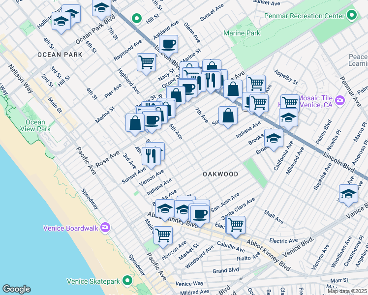 map of restaurants, bars, coffee shops, grocery stores, and more near 606 6th Avenue in Los Angeles