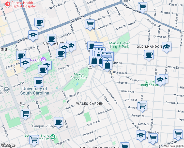 map of restaurants, bars, coffee shops, grocery stores, and more near 620 Saluda Avenue in Columbia