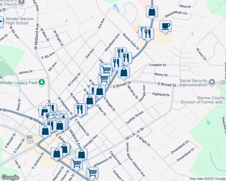 map of restaurants, bars, coffee shops, grocery stores, and more near 192 North Broad Street in Winder