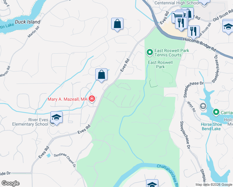 map of restaurants, bars, coffee shops, grocery stores, and more near 655 River Falls Court in Roswell