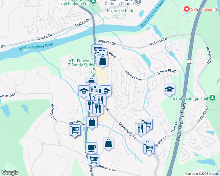 map of restaurants, bars, coffee shops, grocery stores, and more near 275 Winding River Drive in Atlanta