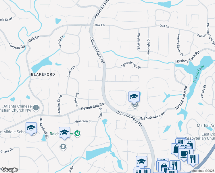 map of restaurants, bars, coffee shops, grocery stores, and more near 4080 Oak Forest Circle in Marietta