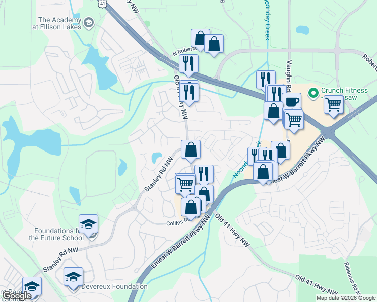 map of restaurants, bars, coffee shops, grocery stores, and more near 2953 Cobb Parkway in Kennesaw