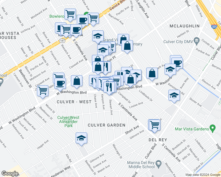map of restaurants, bars, coffee shops, grocery stores, and more near 12331 1/2 West Washington Boulevard in Los Angeles