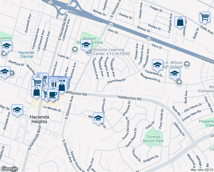 map of restaurants, bars, coffee shops, grocery stores, and more near 16071 Flamstead Drive in Hacienda Heights