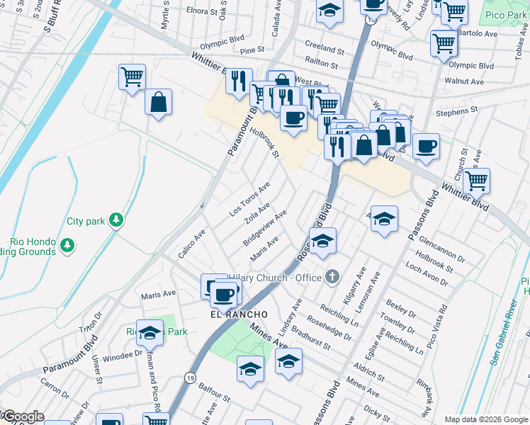 map of restaurants, bars, coffee shops, grocery stores, and more near 5409 Zola Avenue in Pico Rivera